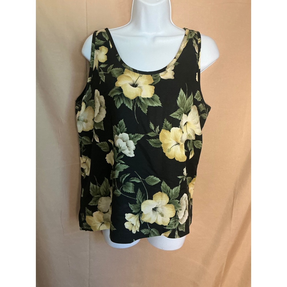 Tommy Bahama Floral Tank Top Womens Large Black Silk Excellent Tropical Hibiscus